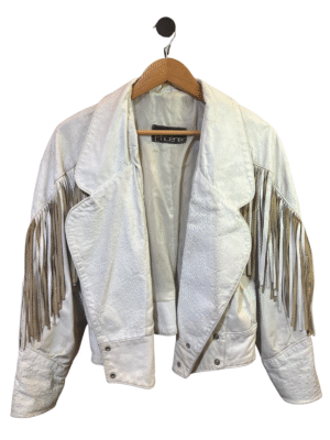 CASACA DE CUERO BLANCA CON FLECOS RESTAURADA Y REPINTADA